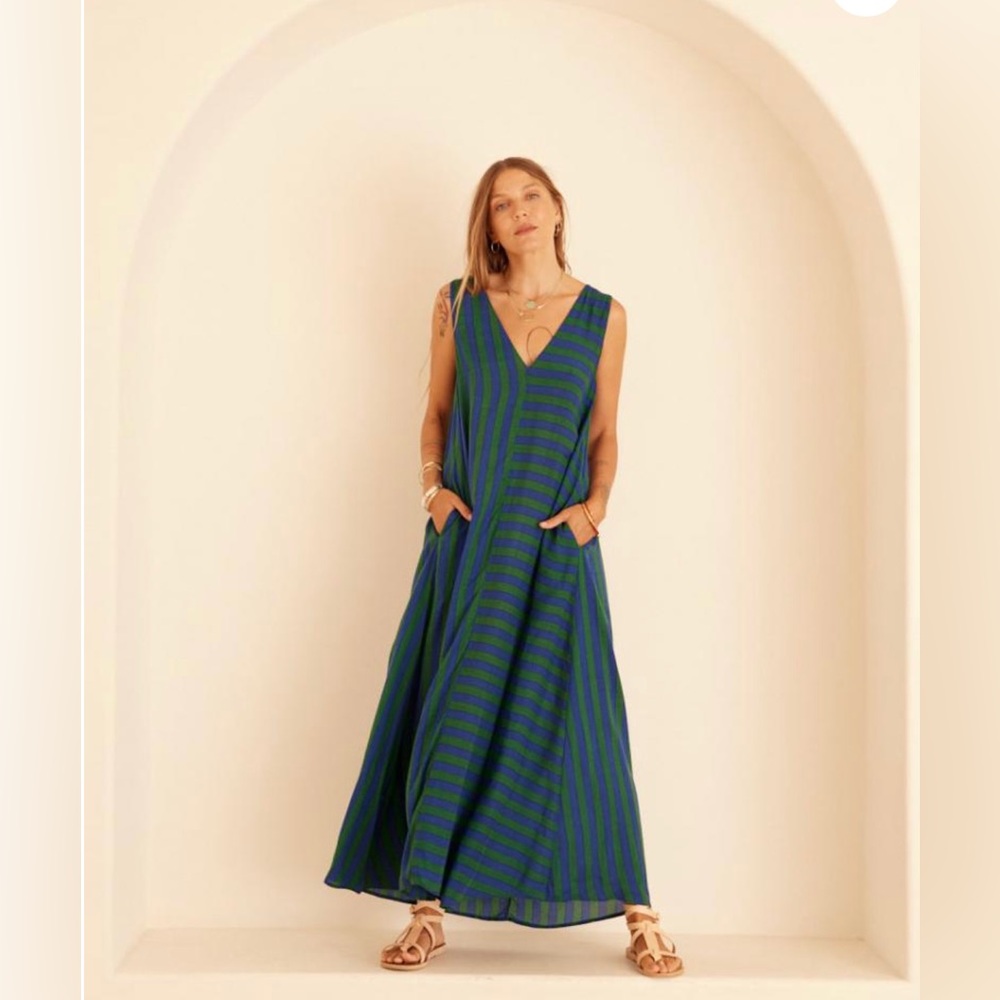 Natalie Martin Blue and Green Striped Maxi Dress